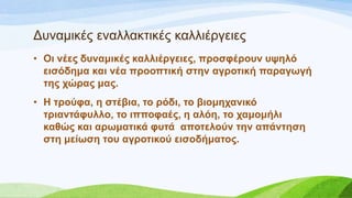 • Οη λέεο δπλακηθέο θαιιηέξγεηεο, πξνζθέξνπλ πςειό
εηζόδεκα θαη λέα πξννπηηθή ζηελ αγξνηηθή παξαγσγή
ηεο ρώξαο καο.
• Ζ ηξνύθα, ε ζηέβηα, ην ξόδη, ην βηνκεραληθό
ηξηαληάθπιιν, ην ηππνθαέο, ε αιόε, ην ρακνκήιη
θαζώο θαη αξσκαηηθά θπηά απνηεινύλ ηελ απάληεζε
ζηε κείσζε ηνπ αγξνηηθνύ εηζνδήκαηνο.
Γπλακηθέο ελαιιαθηηθέο θαιιηέξγεηεο
 