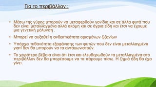 Γηα ην πεξηβάιινλ :
• Μέζσ ηεο γύξεο κπνξνύλ λα κεηαθεξζνύλ γνλίδηα θαη ζε άιια θπηά πνπ
δελ είλαη κεηαιιαγκέλα αιιά αθόκε θαη ζε άγξηα είδε θαη έηζη λα έρνπκε
κηα γελεηηθή κόιπλζε .
• Μπνξεί λα απμεζεί ε αλζεθηηθόηεηα νξηζκέλσλ δηδαλίσλ
• Τπάξρεη πηζαλόηεηα εμαθάληζεο ησλ θπηώλ πνπ δελ είλαη κεηαιιαγκέλα
γηαηί δελ ζα κπνξνύλ λα ηα αληαγσληζηνύλ.
• Σν ρεηξόηεξν βέβαηα είλαη όηη έηζη θαη ειεπζεξσζνύλ ηα κεηαιιαγκέλα ζην
πεξηβάιινλ δελ ζα κπνξέζνπκε λα ηα πάξνπκε πίζσ. Η δεκηά ήδε ζα έρεη
γίλεη.
 