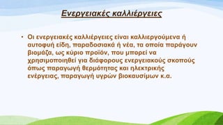 • Οη ελεξγεηαθέο θαιιηέξγεηεο είλαη θαιιηεξγνύκελα ή
απηνθπή είδε, παξαδνζηαθά ή λέα, ηα νπνία παξάγνπλ
βηνκάδα, σο θύξην πξντόλ, πνπ κπνξεί λα
ρξεζηκνπνηεζεί γηα δηάθνξνπο ελεξγεηαθνύο ζθνπνύο
όπσο παξαγσγή ζεξκόηεηαο θαη ειεθηξηθήο
ελέξγεηαο, παξαγσγή πγξώλ βηνθαπζίκσλ θ.α.
Ελεξγεηαθέο θαιιηέξγεηεο
 