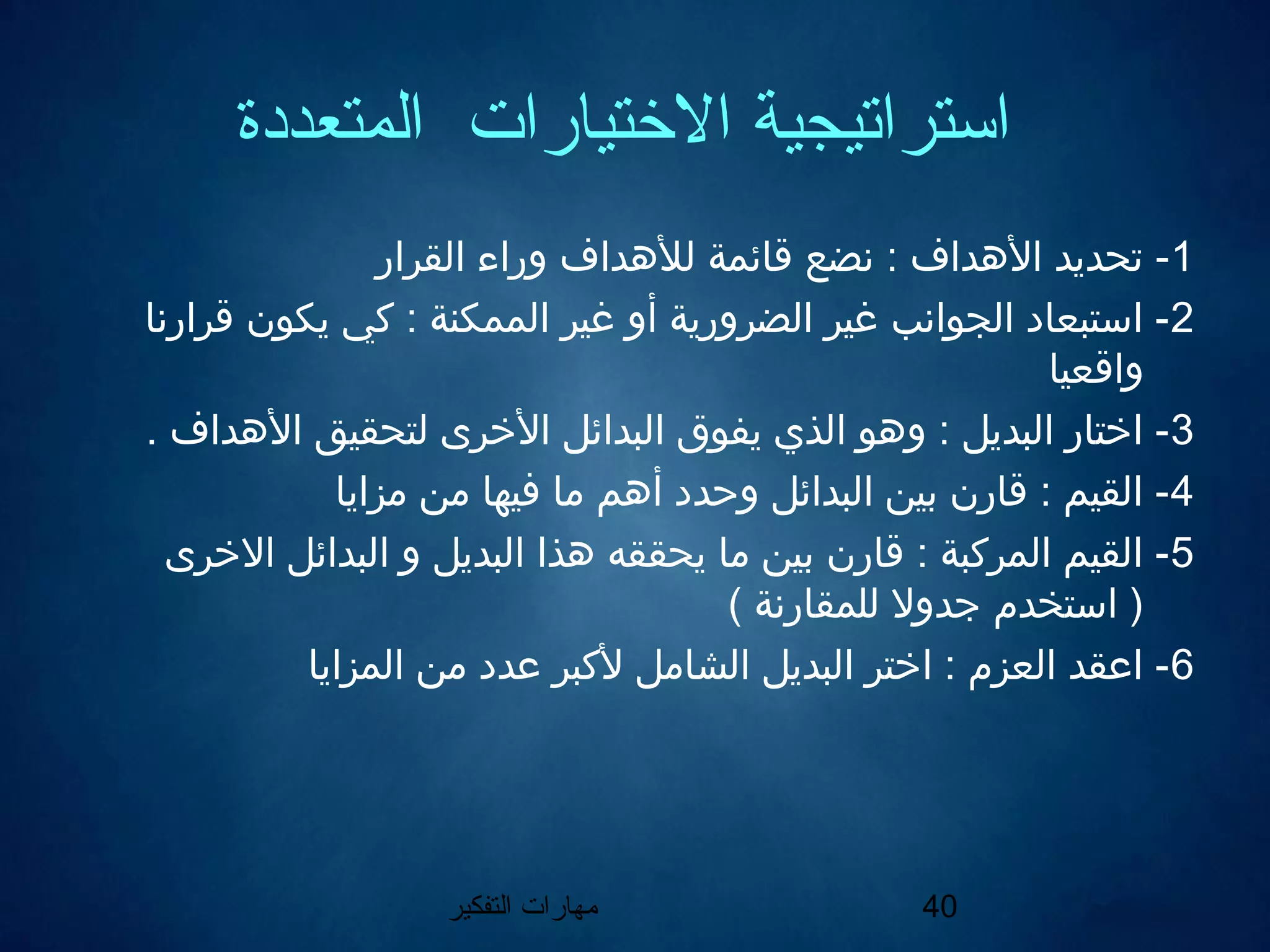‫التفكير‬ ‫مهارات‬ 40
‫المتعددة‬ ‫الختيارات‬ ‫استراتيجية‬
1‫القرار‬ ‫وراء‬ ‫للهداف‬ ‫قائمة‬ ‫نضع‬ : ‫الهداف‬ ‫تحديد‬ -
2‫قرارنا‬ ‫يكون‬ ‫كي‬ : ‫الممكنة‬ ‫غير‬ ‫أو‬ ‫الضرورية‬ ‫غير‬ ‫الجوانب‬ ‫استبعاد‬ -
‫واقعيا‬
3. ‫الهداف‬ ‫لتحقيق‬ ‫الخرى‬ ‫البدائل‬ ‫يفوق‬ ‫الذي‬ ‫وهو‬ : ‫البديل‬ ‫اختار‬ -
4‫مزايا‬ ‫من‬ ‫فيها‬ ‫ما‬ ‫أهم‬ ‫وحدد‬ ‫البدائل‬ ‫بين‬ ‫قارن‬ : ‫القيم‬ -
5‫الخرى‬ ‫البدائل‬ ‫و‬ ‫البديل‬ ‫هذا‬ ‫يحققه‬ ‫ما‬ ‫بين‬ ‫قارن‬ : ‫المركبة‬ ‫القيم‬ -
( ‫للمقارنة‬ ‫جدول‬ ‫استخدم‬ )
6‫المزايا‬ ‫من‬ ‫عدد‬ ‫لكبر‬ ‫الشامل‬ ‫البديل‬ ‫اختر‬ : ‫العزم‬ ‫اعقد‬ -
 