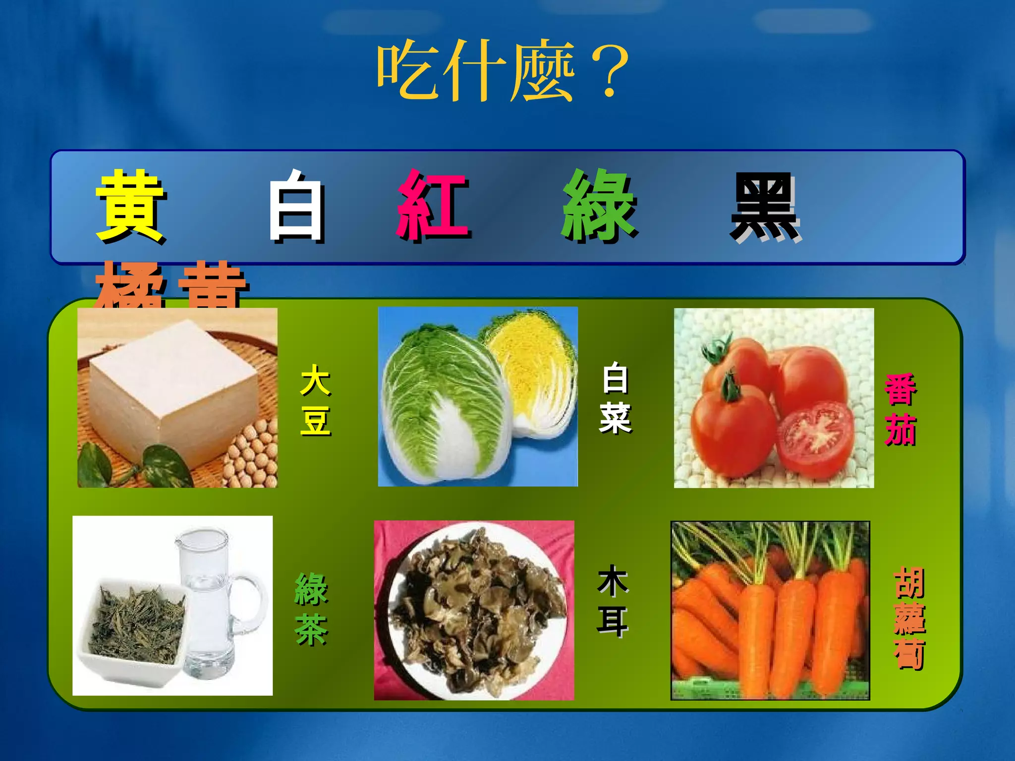 吃什麼？
黄黄 白白 紅紅 綠綠 黑黑
橘黄橘黄
胡胡
蘿
蔔
蘿
蔔
大大
豆豆
白白
菜菜
番番
茄茄
綠綠
茶茶
木木
耳耳
 