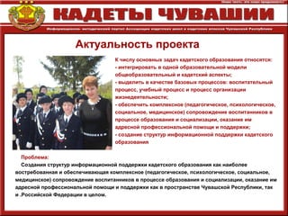 Актуальность проекта
К числу основных задач кадетского образования относятся:
- интегрировать в одной образовательной модели
общеобразовательный и кадетский аспекты;
- выделить в качестве базовых процессов: воспитательный
процесс, учебный процесс и процесс организации
жизнедеятельности;
- обеспечить комплексное (педагогическое, психологическое,
социальное, медицинское) сопровождение воспитанников в
процессе образования и социализации, оказание им
адресной профессиональной помощи и поддержки;
- создание структур информационной поддержки кадетского
образования
Проблема:
Создания структур информационной поддержки кадетского образования как наиболее
востребованная и обеспечивающая комплексное (педагогическое, психологическое, социальное,
медицинское) сопровождение воспитанников в процессе образования и социализации, оказание им
адресной профессиональной помощи и поддержки как в пространстве Чувашской Республики, так
и .Российской Федерации в целом.
 