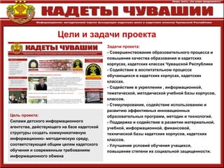 Цели и задачи проекта
Задачи проекта:
- Совершенствование образовательного процесса и
повышение качества образования в кадетских
корпусах, кадетских классах Чувашской Республики
- Содействие в воспитательном процессе
обучающихся в кадетских корпусах, кадетских
классах.
- Содействие в укреплении , информационной,
тематической, методической учебной базы корпусов,
классов.
- Стимулирование, содействие использованию и
развитию эффективных инновационных
образовательных программ, методик и технологий.
- Поддержка и содействие в развитии материальной,
учебной, информационной, финансовой,
технической базы кадетских корпусов, кадетских
классов.
- Улучшение условий обучения учащихся,
повышение степени их социальной защищенности.
Цель проекта:
Силами детского информационного
агентства, действующего на базе кадетской
структуры создать коммуникативную
информационно- методическую среду,
соответствующей общим целям кадетского
обучения и современным требованиям
информационного обмена
 