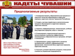 Предполагаемые результаты
1. Усовершенствовать образовательный процесса и
повысить качество образования в кадетских
корпусах, кадетских классах Чувашской Республики
2. Создать систему содействия в воспитательном
процессе обучающихся в кадетских корпусах,
кадетских классах.
3. Укрепить информационную, тематическую, учебную
базу кадетских корпусов, школ и классов.
4. Стимулировать педагогический персонал к
использованию и развитию эффективных
инновационных образовательных программ, методик
и технологий
5. Сформировать среду содействия в развитии
материальной, учебной, информационной,
финансовой, технической базы кадетских корпусов,
кадетских классов.
6. Улучшить условия обучения учащихся, повышение
степени их социальной защищенности.
Неся в душе России свет,
Знай главную из истин,
Что отличает всех кадет
Труд, вера и единство
Великий Князь
К. Романов
 