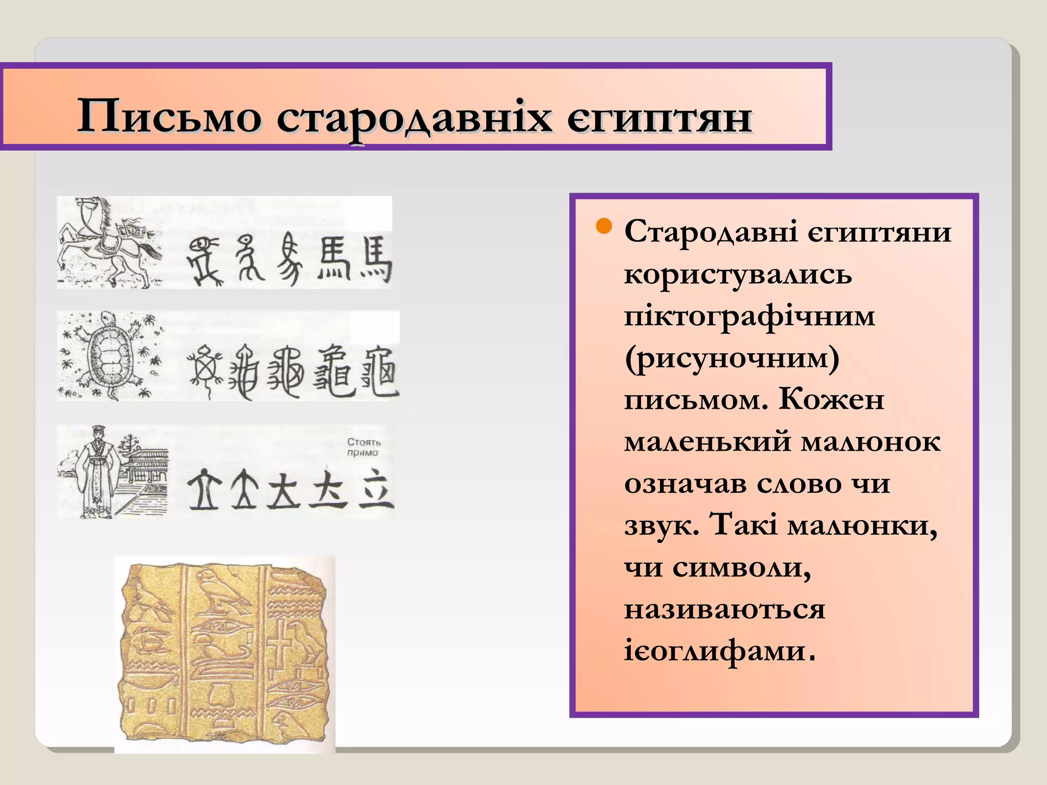 Письмо стародавніх єгиптянПисьмо стародавніх єгиптян
Стародавні єгиптяни
користувались
піктографічним
(рисуночним)
письмом. Кожен
маленький малюнок
означав слово чи
звук. Такі малюнки,
чи символи,
називаються
ієоглифами.
 