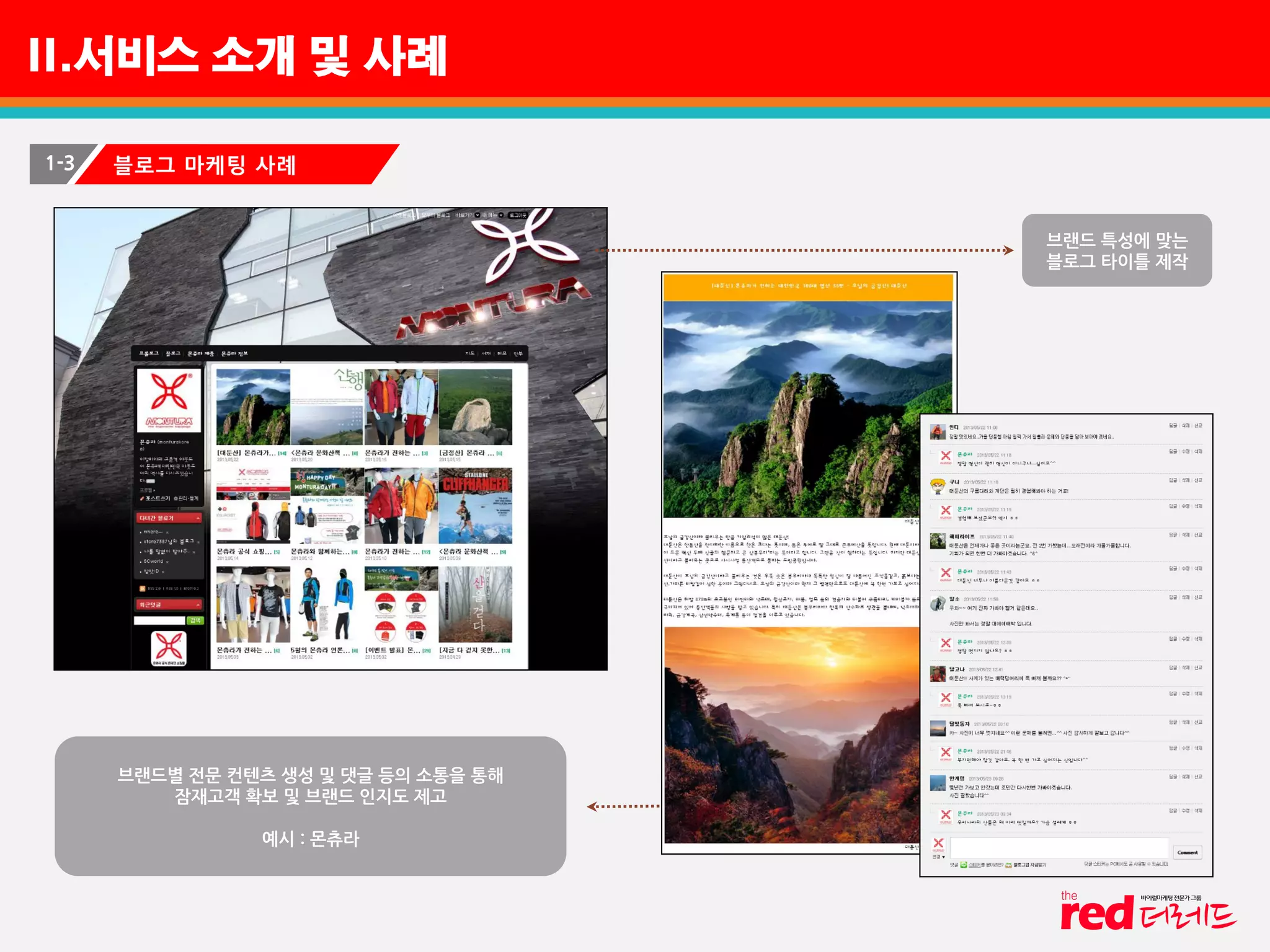 II.서비스 소개 및 사례
1-3 블로그 마케팅 사례
브랜드 특성에 맞는
블로그 타이틀 제작
브랜드별 전문 컨텐츠 생성 및 댓글 등의 소통을 통해
잠재고객 확보 및 브랜드 인지도 제고
예시 : 몬츄라
 