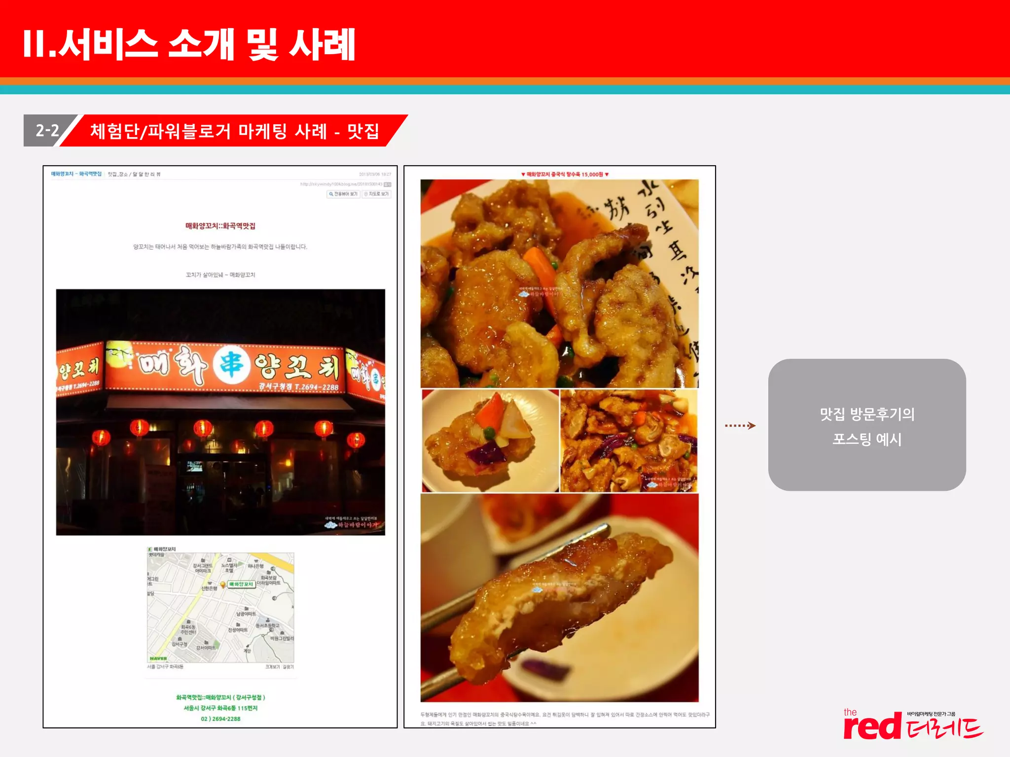II.서비스 소개 및 사례
2-2 체험단/파워블로거 마케팅 사례 - 맛집
맛집 방문후기의
포스팅 예시
 
