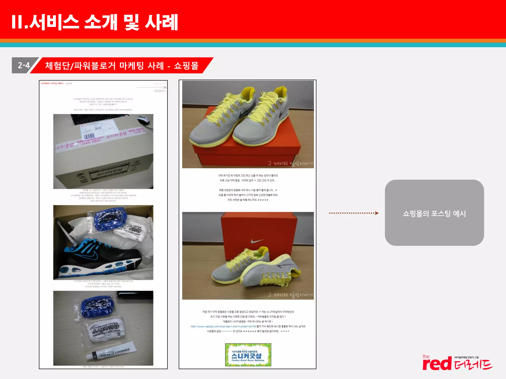 II.서비스 소개 및 사례
2-4 체험단/파워블로거 마케팅 사례 - 쇼핑몰
쇼핑몰의 포스팅 예시
 