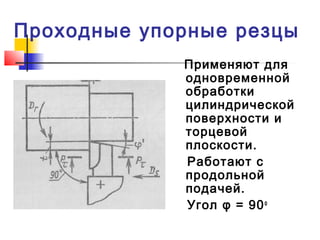 Проходные упорные резцы
Применяют для
одновременной
обработки
цилиндрической
поверхности и
торцевой
плоскости.
Работают с
продольной
подачей.
Угол φ = 90о
 