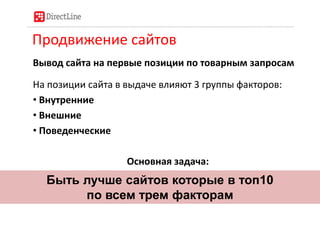 Продвижение сайтов
Вывод сайта на первые позиции по товарным запросам
На позиции сайта в выдаче влияют 3 группы факторов:
• Внутренние
• Внешние
• Поведенческие
Основная задача:
Быть лучше сайтов которые в топ10
по всем трем факторам
 
