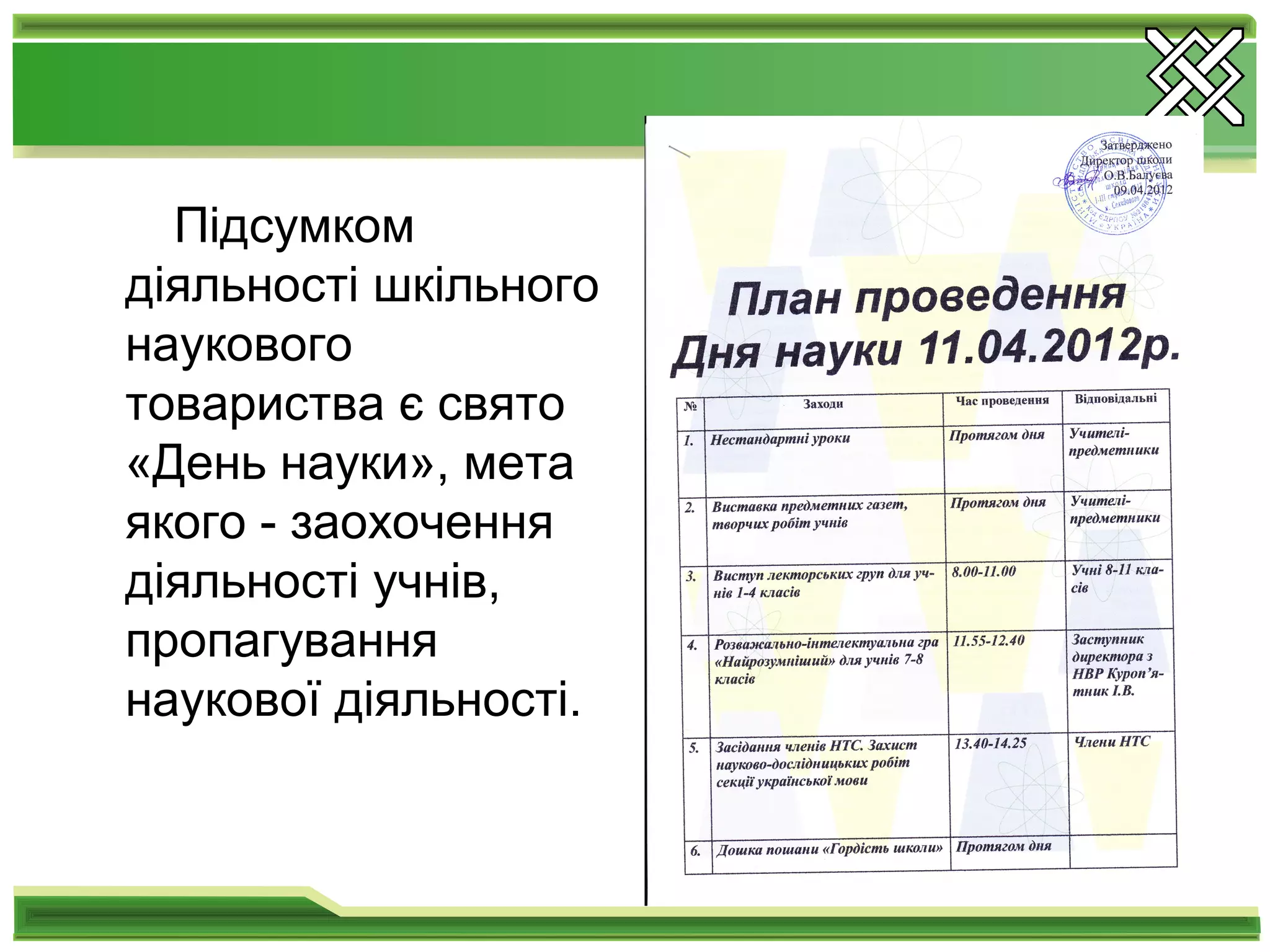 Підсумком
діяльності шкільного
наукового
товариства є свято
«День науки», мета
якого - заохочення
діяльності учнів,
пропагування
наукової діяльності.
 