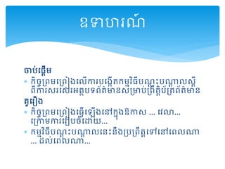 ចារ់ដ្ដើម
 កិចចគ្ព្មដគ្ព្ៀងដលើការរដងកើត្កមមវិ្ីរណដុ ោះរណាដ លសដី
ព្ីការសរដសរអត្ថរទព្័ត្៌មានសគ្មារ់គ្ព្ឹត្ាិរ័គ្ត្ព្័ត្៌មាន
ត្ួដរឿង
 កិចចគ្ព្មដគ្ព្ៀងដ្វើដឡើងដៅកនុងឱកាស ... ដវោ...
ដគ្កាមការដរៀរចំដោយ...
 កមមវិ្ីរណដុ ោះរណាដ លដនោះនឹងគ្រគ្ព្ឹត្ាដៅដៅដព្លណា
... ដល់ដព្លណា...
ឧទាហរណ៍
 