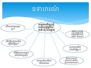 ឧទាហរណ៍
លទធ្លកិចចគ្រជុំ
ររស់សម័ៃនធភាព្
ជាត្ិ ឃុំ សនង្កក ត្់
ដត្ើនរណាចូលរួម
ខលោះ?
ដត្ើវាគមិនបានដលើក
ដឡើងព្ីអវីខលោះ?
ដត្ើអវីមដលសដគ្មច
បានព្ីការគ្រជុំ?
អវីមដលជាកាា
គ្រឈម? ដត្ើដោោះ
ស្រសាយយងណា?
ការគ្រដមើលដមើល
ដៅអនាគត្
មានការដលើក
សំដណើ អវីខលោះ?
ដត្ើកិចចគ្រជុំដ្វើ
ដឡើងដៅដព្ល
ណា? ទីណា?
 