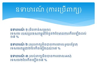 ឧទហរណ៍ ១ (មិនទន់សរមួល)
ដទសចរ របស់របដទសកមពុជាចំនួន២តខមានការដកើនដឡើងដល់
១៧ %
ឧទហរណ៍ ២ (លុបពាកយមិនានការដចលមួយចំនួន)
ដទសចរកមពុជា២តខដកើនដឡើងដល់១៧ %
ឧទហរណ៍ ៣ (លប់ពាកយមិនានការដចលអស់)
ដទសចរ២តខដកើនដឡើង១៧ %
ឧទហរណ៍ (ការដរបើពាកយ)
 