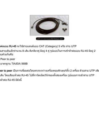 RJ-45 CAT (Category) 5 UTP
8 4 RJ-45 2
Peer to peer
TIA/EIA 568B
eer to peer 2 UTP
RJ-45 UTP
RJ-45
 