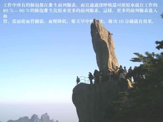 工作中所有的肺泡都在 生前列腺素，而且通過深呼吸還可使原來就在工作的產
80 ％— 90 ％的肺泡 生比原來更多的前列腺素。這樣，更多的前列腺素進入產
血
管，從而使血管擴張，血壓降低。 天早中 三次， 次每 晚 每 10 分鐘就有效果。
 