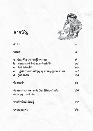 สารบัญ
คำนำ		 	 	 	 	 	 	 ๓	
					
บทนำ		 	 	 	 	 	 	 ๗
๑  ปลดพันธนาการสู่อิสรภาพ	 	 	 	 ๙
๒  ทำความเข้าใจอำนาจที่แท้จริง		 	 	 ๑๕
๓  สิทธิที่ต้องใช้	 	 	 	 	 	 ๒๓
๔  ปฏิบัติการทางปัญญาสู่ธรรมนูญประชาชน	 	 ๒๙
๕  สู่อิสรภาพ	 	 	 	 	 	 ๔๗
ข้อแนะนำ	 	 	 	 	 	 	 ๕๖
ข้อแตกต่างระหว่างข้อบัญญัติท้องถิ่นกับ		 	 ๕๗
ธรรมนูญประชาชน	 	
รายชื่อพื้นที่เรียนรู้	 	 	 	 	 	 ๕๙	
บรรณานุกรม		 	 	 	 	 	 ๖๒
 