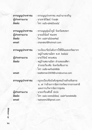 ทำ-ธรรมนูญ
ธรรมนูญประชาชน	 : ธรรมนูญประชาชน ฅนอำนาจเจริญ
ผู้ประสานงาน		 : นายชาติวัฒน์ ร่วมสุข
ติดต่อ		 	 : โทร ๐๘๖-๘๗๘๖๐๔๔
ธรรมนูญประชาชน	 : ธรรมนูญลุ่มน้ำภูมี จังหวัดสงขลา
ผู้ประสานงาน		 : นายอภินันท์ ชนะคช   
ติดต่อ		 	 : โทร ๐๘๙-๘๖๖๑๙๑๕
email 		 	 : chanakot@hotmail.com
ธรรมนูญประชาชน	 : ระเบียบ/ข้อบังคับการใช้ที่ดินและทรัพยากร
	 	 	   หมู่บ้านสมานมิตร พ.ศ. ๒๕๔๘  
ผู้ประสานงาน		 : นายวิรัตน์ พรมสอน
ติดต่อ		 	 : หมู่บ้านสมานมิตร ตำบลดอนศิลา
	 	 	   อำเภอเวียงชัย จังหวัดเชียงราย
	 	 	 : โทร ๐๘๒-๑๙๖๔๗๒๒
email 		 	 : badfarmer2009@windowlive.com
ธรรมนูญประชาชน	 : กฎระเบียบข้อบังคับชุมชนบ้านห้วยหินลาด
	 	 	   ม. ๗ ว่าด้วยการจัดการทรัพยากรธรรมชาติ
	 	 	   และการบริหารจัดการชุมชน
ผู้ประสานงาน		 : นายเกรียงศักดิ์ ปะปะ
ติดต่อ		 	 : โทร ๐๘๐-๐๓๓๔๖๒๔, ๐๘๙-๖๓๗๗๘๒
email	 	 	 : topkaren2@gmail.com
๖๐
ทำ-ธรรมนูญ
 