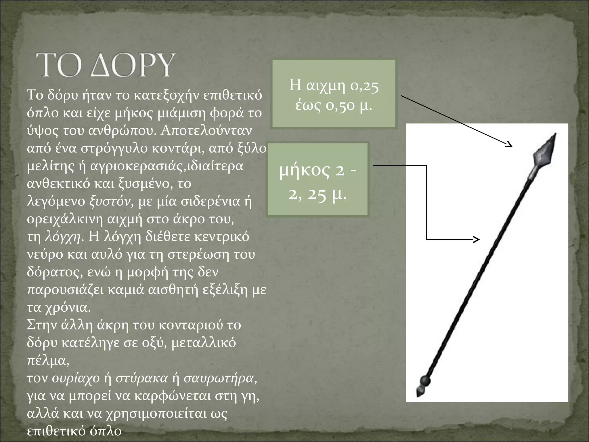 μήκος 2 - 
2, 25 μ.
Η αιχμη 0,25 
έως 0,50 μ.
Το δόρυ ήταν το κατεξοχήν επιθετικό 
όπλο και είχε μήκος μιάμιση φορά το 
ύψος του ανθρώπου. Αποτελούνταν 
από ένα στρόγγυλο κοντάρι, από ξύλο 
μελίτης ή αγριοκερασιάς,ιδιαίτερα 
ανθεκτικό και ξυσμένο, το 
λεγόμενο ξυστόν, με μία σιδερένια ή 
ορειχάλκινη αιχμή στο άκρο του, 
τη λόγχη. Η λόγχη διέθετε κεντρικό 
νεύρο και αυλό για τη στερέωση του 
δόρατος, ενώ η μορφή της δεν 
παρουσιάζει καμιά αισθητή εξέλιξη με 
τα χρόνια.
Στην άλλη άκρη του κονταριού το 
δόρυ κατέληγε σε οξύ, μεταλλικό 
πέλμα, 
τον ουρίαχο ή στύρακα ή σαυρωτήρα, 
για να μπορεί να καρφώνεται στη γη, 
αλλά και να χρησιμοποιείται ως 
επιθετικό όπλο
 
