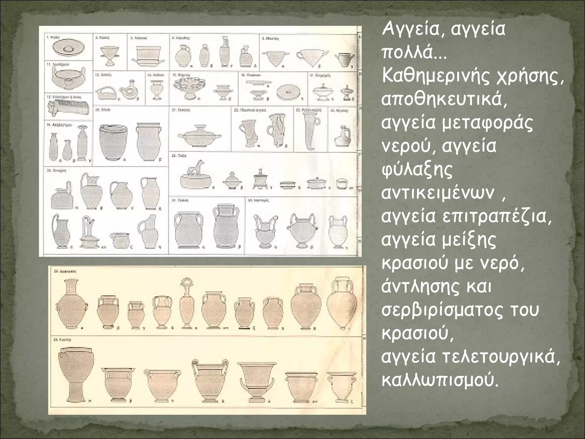 Αγγεία, αγγεία
πολλά...
Καθημερινής χρήσης,
αποθηκευτικά,
αγγεία μεταφοράς
νερού, αγγεία
φύλαξης
αντικειμένων ,
αγγεία επιτραπέζια,
αγγεία μείξης
κρασιού με νερό,
άντλησης και
σερβιρίσματος του
κρασιού,
αγγεία τελετουργικά,
καλλωπισμού.
 