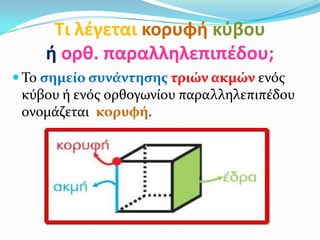 Τι λζγεται κορυφή κφβου
ή ορθ. παραλληλεπιπζδου;
 Το ςημείο ςυνάντηςησ τριών ακμών ενός
κύβου ή ενός ορθογωνίου παραλληλεπιπέδου
ονομάζεται κορυφή.
 