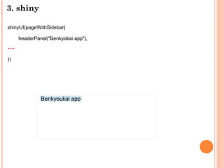 3. shiny
shinyUI(pageWithSidebar(
headerPanel("Benkyokai app"),
...
))
Benkyoukai app
 