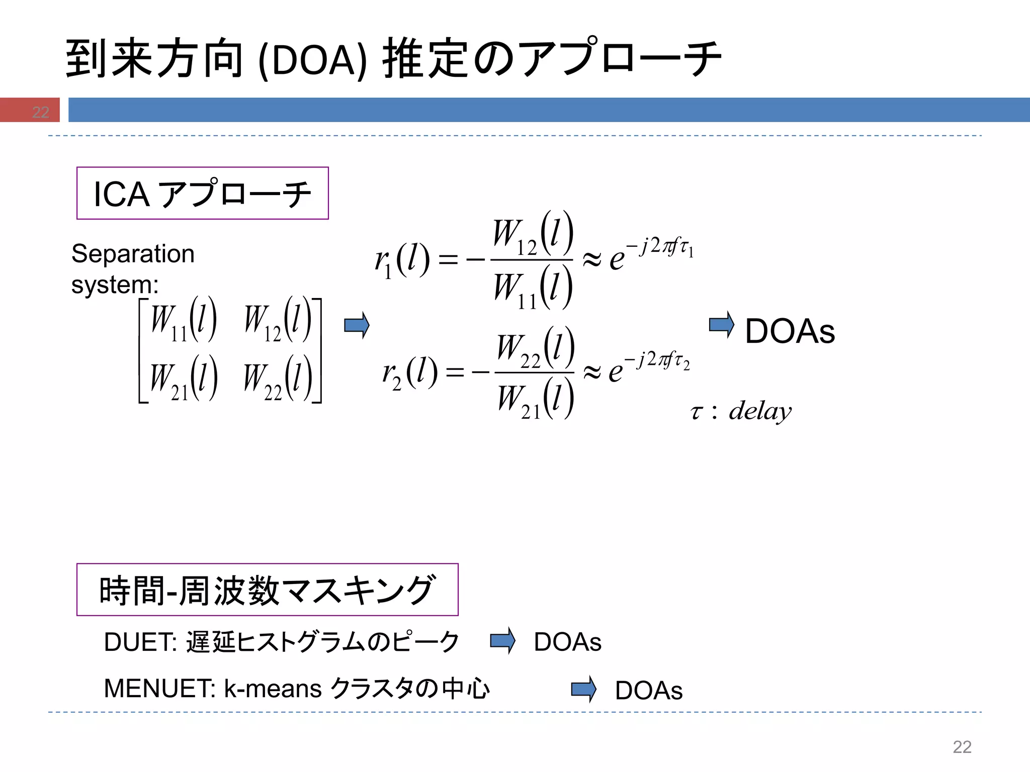 22
到来方向 (DOA) 推定のアプローチ
   
   





lWlW
lWlW
2221
1211
ICA アプローチ
Separation
system:
 
 
12
11
12
1 )( fj
e
lW
lW
lr 

時間-周波数マスキング
DUET: 遅延ヒストグラムのピーク
MENUET: k-means クラスタの中心
DOAs
DOAs
DOAs
 
 
22
21
22
2 )( fj
e
lW
lW
lr 

delay：
22
 