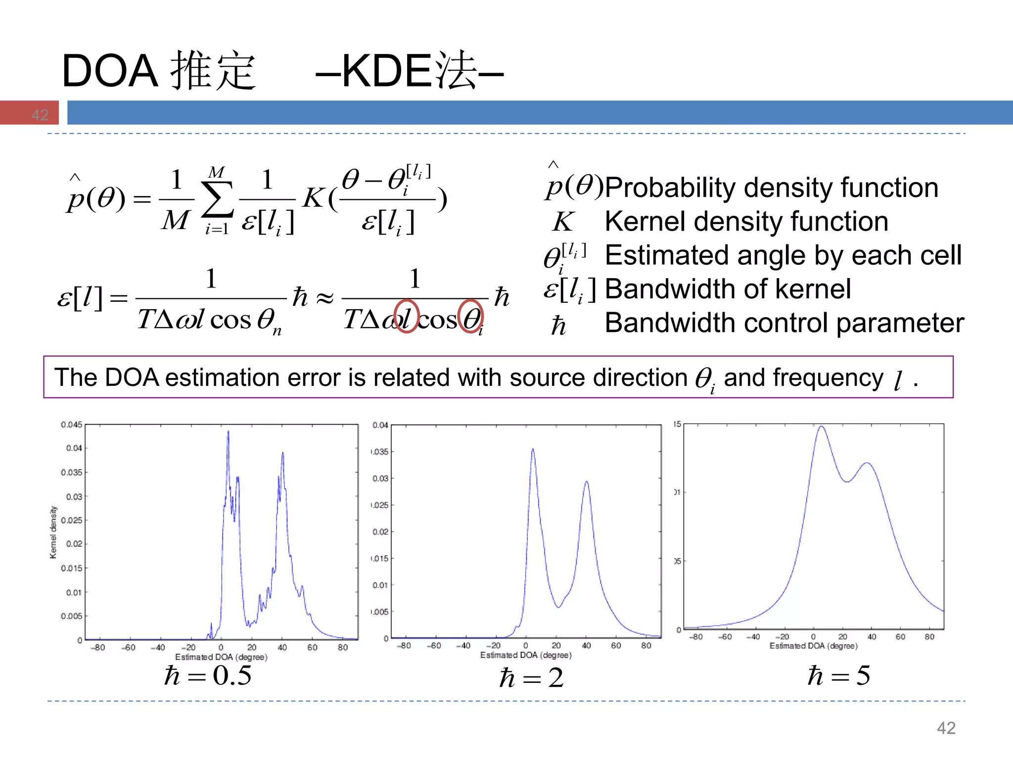 42
DOA 推定 –KDE法–
42

 

M
i i
l
i
i l
K
lM
p
i
1
][
)
][
(
][
11
)(





in lTlT
l


cos
1
cos
1
][




Probability density function
Kernel density function
Estimated angle by each cell
Bandwidth of kernel
Bandwidth control parameter
)(

p
K
][ il
i
][ il

The DOA estimation error is related with source direction and frequency .
5.0 2 5
42
i l
42
 