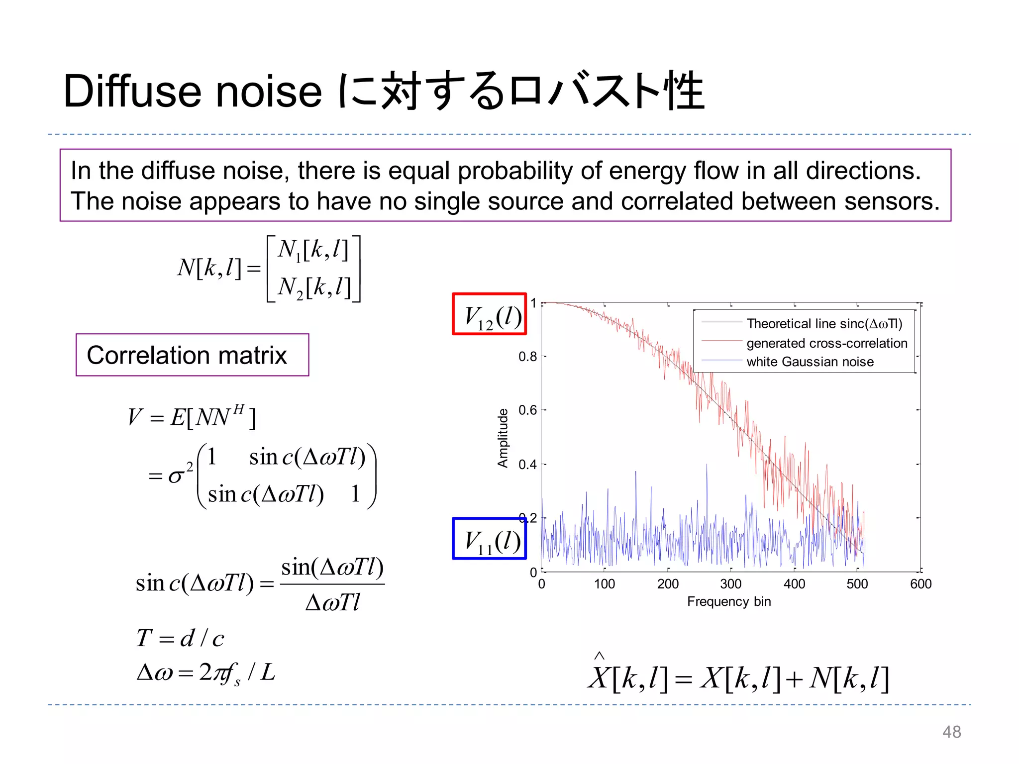 48
Diffuse noise に対するロバスト性
0 100 200 300 400 500 600
0
0.2
0.4
0.6
0.8
1
Frequency bin
Amplitude
Theoretical line sinc(Tl)
generated cross-correlation
white Gaussian noise







],[
],[
],[
2
1
lkN
lkN
lkN










1)(sin
)(sin1
][
2
Tlc
Tlc
NNEV H



Correlation matrix
],[],[],[ lkNlkXlkX 

In the diffuse noise, there is equal probability of energy flow in all directions.
The noise appears to have no single source and correlated between sensors.
Tl
Tl
Tlc






)sin(
)(sin
cdT /
Lfs /2 
)(12 lV
)(11 lV
 