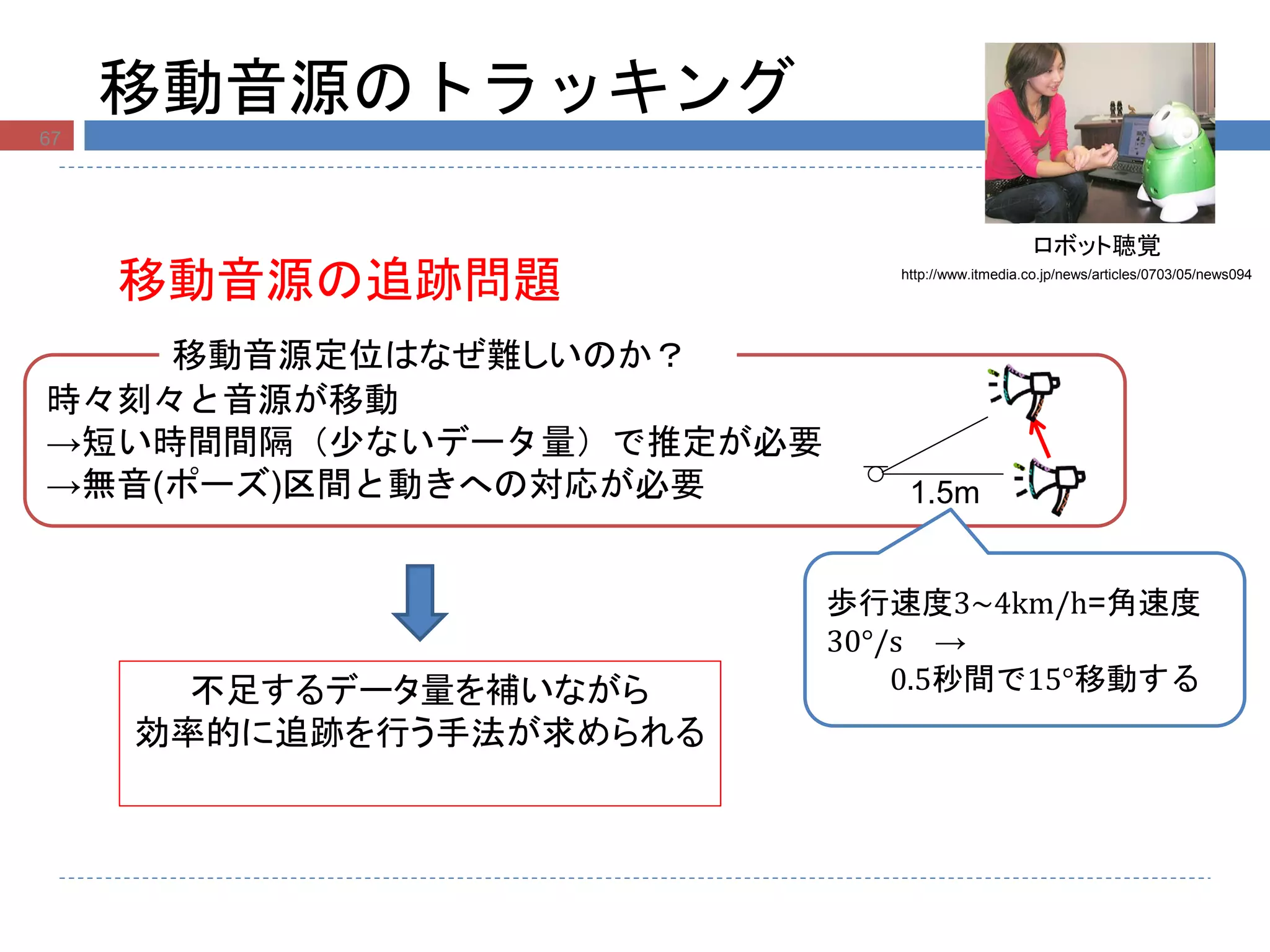 移動音源のトラッキング
移動音源の追跡問題
ロボット聴覚
時々刻々と音源が移動
→短い時間間隔（少ないデータ量）で推定が必要
→無音(ポーズ)区間と動きへの対応が必要
移動音源定位はなぜ難しいのか？
不足するデータ量を補いながら
効率的に追跡を行う手法が求められる
67
67
1.5m
歩行速度3~4km/h=角速度
30°/s →
0.5秒間で15°移動する
http://www.itmedia.co.jp/news/articles/0703/05/news094
 