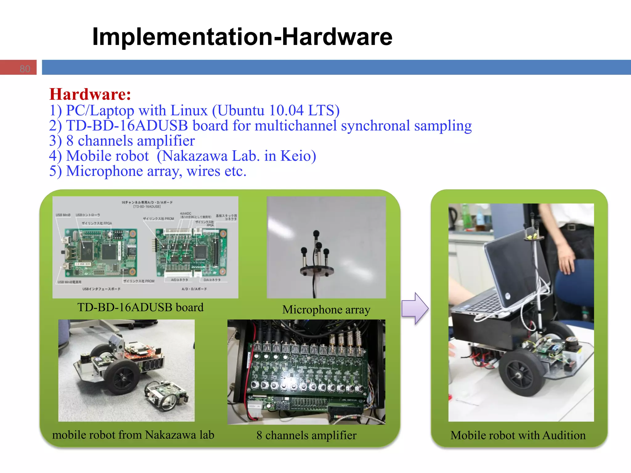 Implementation-Hardware
Hardware:
1) PC/Laptop with Linux (Ubuntu 10.04 LTS)
2) TD-BD-16ADUSB board for multichannel synchronal sampling
3) 8 channels amplifier
4) Mobile robot (Nakazawa Lab. in Keio)
5) Microphone array, wires etc.
TD-BD-16ADUSB board
mobile robot from Nakazawa lab
Microphone array
8 channels amplifier Mobile robot with Audition
80
 