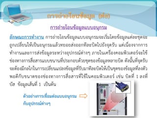 การถ่ายโอนข้อมูลแบบอนุกรม
ลักษณะการทางาน การถ่ายโอนข้อมูลแบบอนุกรมจะเริ่มโดยข้อมูลแต่ละชุดจะ
ถูกเปลี่ยนให้เป็นอนุกรมแล้วทยอยส่งออกทีละบิตไปยังจุดรับ แต่เนื่องจากการ
ทางานและการส่งข้อมูลระหว่างอุปกรณ์ต่างๆ ภายในเครื่องคอมพิวเตอร์จะใช้
ช่องทางการสื่อสารแบบขนานที่ประกอบด้วยชุดของข้อมูลหลายบิต ดังนั้นที่จุดรับ
จะต้องมีกลไกในการเปลี่ยนแปลงข้อมูลที่รับมาทีละบิตให้เป็นชุดของข้อมูลที่ลงตัว
พอดีกับขนาดของช่องทางการสื่อสารที่ใช้ในคอมพิวเตอร์ เช่น บิตที่ 1 ลงที่
บัส ข้อมูลเส้นที่ 1 เป็นต้น
ตัวอย่างการเชื่อมต่อแบบอนุกรม
กับอุปกรณ์ต่างๆ
 