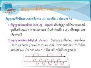 สัญญาณที่ใช้ในระบบการสื่อสาร แบ่งออกเป็น 2 ประเภท คือ
1.สัญญาณแอนะล็อก (analog signal) เป็นสัญญาณที่มีขนาดแอมพลิ
จูดที่เปลี่ยนแปลงตามเวลาและเป็นค่าต่อเนื่อง เช่น เสียงพูด และ
เสียงดนตรี
2.สัญญาณดิจิทัล (digital signal) เป็นสัญญาณที่ไม่มีความต่อเนื่องที่
เรียกว่า ดิสครีต ถูกแทนด้วยระดับแรงดันไฟฟ้าสองระดับเท่านั้นโดย
แสดงสถานะ เป็น “0” และ “1” ซึ่งตรงกับรหัสตัวเลขฐานสอง
 