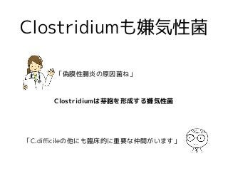 Clostridiumも嫌気性菌
「偽膜性腸炎の原因菌ね」
Clostridiumは芽胞を形成する嫌気性菌
「C.diﬃcileの他にも臨床的に重要な仲間がいます」
 