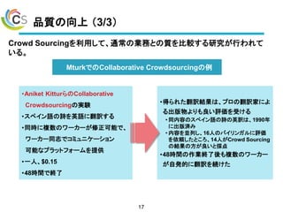 Ʒ| 3/3
Crowd SourcingäơͨΘIդȤ|^оФ
롣
17
MturkǤCollaborative Crowdsourcing
?Aniket KitturCollaborative
CrowdsourcingΌgY
?ڥZԊӢZ˷U
?ͬr}Υ``ܤǡ
``ͬ־ǥߥ˥`
ܤʥץåȥե`ṩ
?һˡ$0.15
?48rgǽK
?ä줿UYϡHavardU
uܤ
? ͬݤΥڥZԊӢUϡ1990
˳g
? ݤKФ16ˤΥХ󥬥u
mȤ14ˤCrowd Sourcing
νYηȒ
?48rgIK}Υ``
԰kĤ˷UA
 