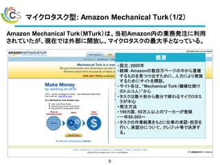 ޥ: Amazon Mechanical Turk1/2
Amazon Mechanical TurkMTurkϡAmazonڤΘIհkע
ƤFڤǤⲿ_Ťޥ֤ȤʤäƤ롣
9
?O2005
?UAmazonک`Ф}
ΤҊĤˡˤgʩ
뤿˥Ȥ_O
?ϡMechanical TurkCе˒줱
Υȥ륳ˣ
?ʮ뤫֤ǽKޥ

?kע
?19050ϤΥ``h
?һ$0.005?
?IYȤ¤γJ?ܷ
ФJ֤ˤĤơ쥸åȵȤǛQg
롣
Ҫ
 