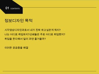 정보디자인 목적
시각영상디자인과로서 내가 진짜 하고싶은게 뭐지?
나는 어디로 취업하지?선배들은 주로 어디로 취업했지?
취업을 한다해서 일이 과연 즐거울까?
이러한 궁금증을 해결
 