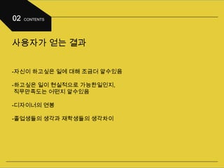 사용자가 얻는 결과
-자신이 하고싶은 일에 대해 조금더 알수있음
-하고싶은 일이 현실적으로 가능한일인지,
직무만족도는 어떤지 알수있음
-디자이너의 연봉
-졸업생들의 생각과 재학생들의 생각차이
 