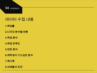 데이터 수집 내용
1.취업률
2.디자인 분야별 연봉
3.취업 분야
4.취업 만족도
5.전망 분야
6.재학생이 가고싶은 분야
7.회사명
8.선배들의 조언
 