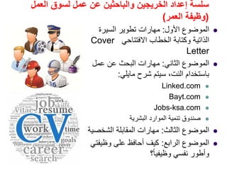 ‫العمل‬ ‫لسوق‬ ‫عمل‬ ‫عن‬ ‫والباحثين‬ ‫الخريجين‬ ‫إعداد‬ ‫سلسة‬
)‫العمر‬ ‫وظيفة‬(
‫األول‬ ‫الموضوع‬:‫السيرة‬ ‫تطوير‬ ‫مھارات‬
‫االفتتاحي‬ ‫الخطاب‬ ‫وكتابة‬ ‫الذاتية‬Cover
Letter
‫الثاني‬ ‫الموضوع‬:‫عمل‬ ‫عن‬ ‫البحث‬ ‫مھارات‬
‫باستخدام‬‫النت‬‫شرح‬ ‫سيتم‬ ،‫مايلي‬:
Linked.com
Bayt.com
Jobs-ksa.com
‫البشرية‬ ‫الموارد‬ ‫تنمية‬ ‫صندوق‬
‫الثالث‬ ‫الموضوع‬:‫الشخصية‬ ‫المقابلة‬ ‫مھارات‬
‫الرابع‬ ‫الموضوع‬:‫وظيفتي‬ ‫على‬ ‫أحافظ‬ ‫كيف‬
‫؟‬ً‫ا‬‫وظيفي‬ ‫نفسي‬ ‫وأطور‬
 