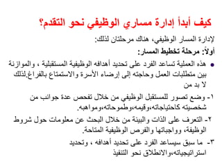 ‫التقدم؟‬ ‫نحو‬ ‫الوظيفي‬ ‫مساري‬ ‫إدارة‬ ‫أبدأ‬ ‫كيف‬
‫لذلك‬ ‫مرحلتان‬ ‫ھناك‬ ،‫الوظيفي‬ ‫المسار‬ ‫إلدارة‬:
ً‫ال‬‫أو‬:‫المسار‬ ‫تخطيط‬ ‫مرحلة‬:
‫والموازنة‬ ، ‫المستقبلية‬ ‫الوظيفية‬ ‫أھدافه‬ ‫تحديد‬ ‫على‬ ‫الفرد‬ ‫تساعد‬ ‫العملية‬ ‫ھذه‬
‫بالفراغ‬ ‫واالستمتاع‬ ‫األسرة‬ ‫إرضاء‬ ‫إلى‬ ‫وحاجته‬ ‫العمل‬ ‫متطلبات‬ ‫بين‬.‫لذلك‬
‫من‬ ‫بد‬ ‫ال‬
١-‫من‬ ‫جوانب‬ ‫عدة‬ ‫تفحص‬ ‫خالل‬ ‫من‬ ‫الوظيفي‬ ‫للمستقبل‬ ‫تصور‬ ‫وضع‬
‫كاحتياجاته،وقيمه،وطموحاته،ومواھبه‬ ‫شخصيته‬.
٢-‫شروط‬ ‫حول‬ ‫معلومات‬ ‫عن‬ ‫البحث‬ ‫خالل‬ ‫من‬ ‫والبيئة‬ ‫الذات‬ ‫على‬ ‫التعرف‬
‫المتاحة‬ ‫الوظيفية‬ ‫والفرص‬ ‫وواجباتھا‬ ،‫الوظيفة‬.
٣-‫وتحديد‬ ، ‫أھدافه‬ ‫تحديد‬ ‫على‬ ‫الفرد‬ ‫سيساعد‬ ‫سبق‬ ‫ما‬
‫التنفيذ‬ ‫نحو‬ ‫استراتيجياته،واالنطالق‬
 