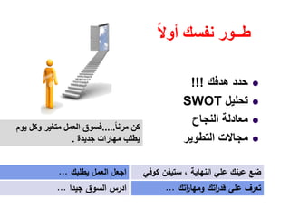 ً‫ال‬‫أو‬ ‫نفسك‬ ‫طــور‬
‫ھدفك‬ ‫حدد‬!!!
‫تحليل‬SWOT
‫النجاح‬ ‫معادلة‬
‫التطوير‬ ‫مجاالت‬
ً‫ا‬‫مرن‬ ‫كن‬.....‫فسوق‬‫يوم‬ ‫وكل‬ ‫متغير‬ ‫العمل‬
‫جديدة‬ ‫مھارات‬ ‫يطلب‬.
‫اﻟﻧﻬﺎﻳﺔ‬ ‫ﻋﻠﻲ‬ ‫ﻋﻳﻧك‬ ‫ﺿﻊ‬،‫ﻛوﻓﻲ‬ ‫ﺳﺗﻳﻔن‬
‫اﺗك‬‫ر‬‫وﻣﻬﺎ‬ ‫اﺗك‬‫ر‬‫ﻗد‬ ‫ﻋﻠﻲ‬ ‫ﺗﻌرف‬...‫ﺟﻳدا‬ ‫اﻟﺳوق‬ ‫ادرس‬...
‫ﻳطﻠﺑك‬ ‫اﻟﻌﻣﻝ‬ ‫اﺟﻌﻝ‬...
 