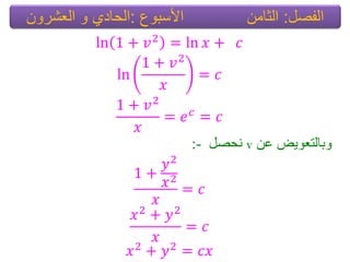 ln 1 + 𝑣2
= ln 𝑥 + 𝑐
ln
1 + 𝑣2
𝑥
= 𝑐
1 + 𝑣2
𝑥
= 𝑒 𝑐
= 𝑐
ٓ‫ػ‬ ‫ٚتاٌرؼٛ٠غ‬vً‫ٔذظ‬:-
1 +
𝑦2
𝑥2
𝑥
= 𝑐
𝑥2
+ 𝑦2
𝑥
= 𝑐
𝑥2
+ 𝑦2
= 𝑐𝑥
‫الفصل‬:‫الثامن‬‫األسبوع‬:‫العشرون‬ ‫و‬ ‫الحادي‬
 