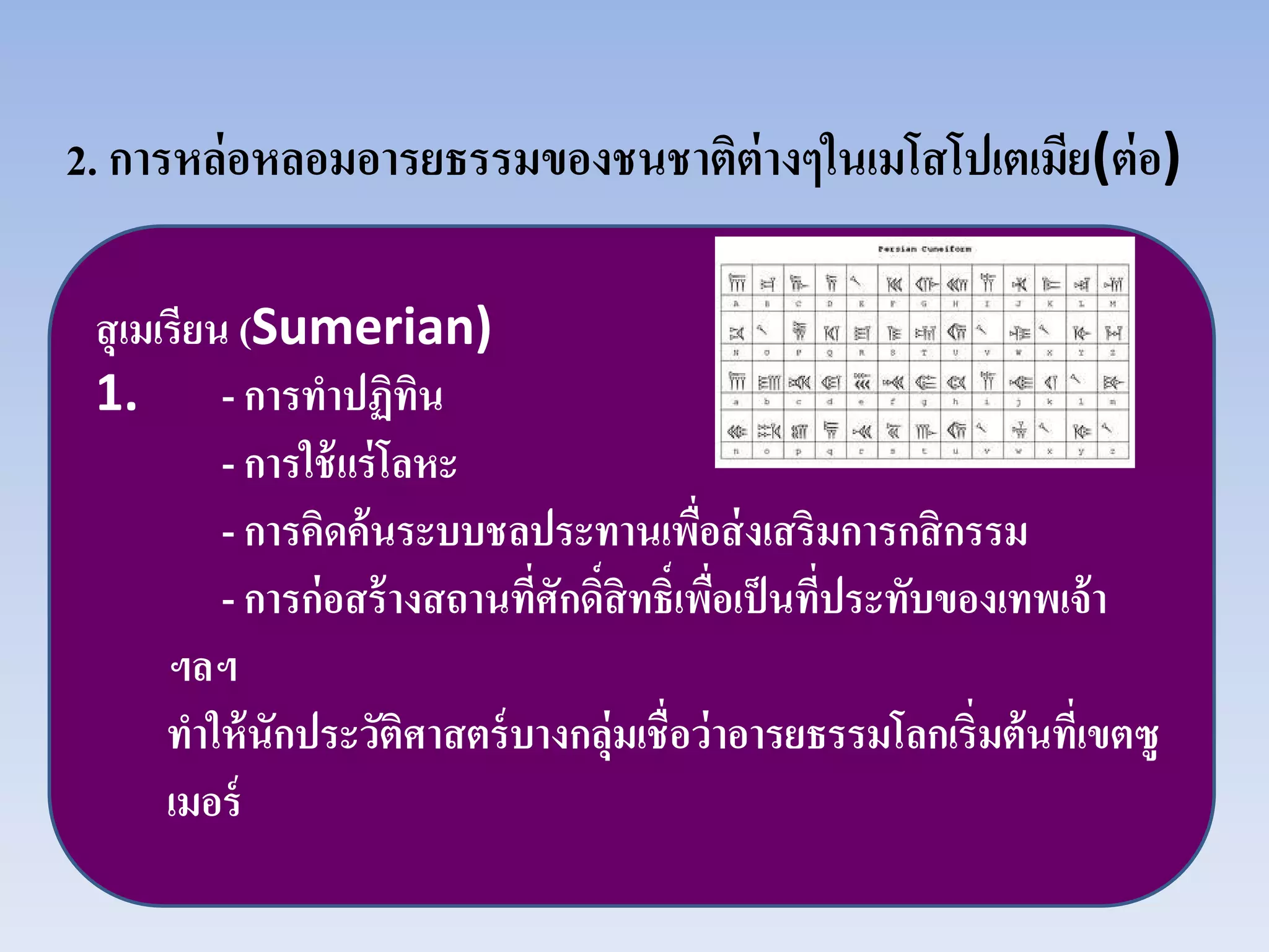 2. การหล่อหลอมอารยธรรมของชนชาติต่างๆในเมโสโปเตเมีย(ต่อ)
สุเมเรียน (Sumerian)
1. - การทําปฏิทิน
- การใช้แร่โลหะ
- การคิดค้นระบบชลประทานเพื่อส่งเสริมการกสิกรรม
- การก่อสร้างสถานที่ศักดิ์สิทธิ์เพื่อเป็นที่ประทับของเทพเจ้า
ฯลฯ
ทําให้นักประวัติศาสตร์บางกลุ่มเชื่อว่าอารยธรรมโลกเริ่มต้นที่เขตซู
เมอร์
 