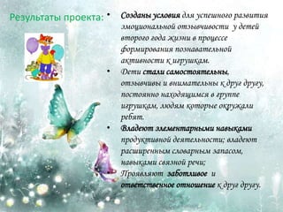 Результаты проекта: • Созданы условия для успешного развития
эмоциональной отзывчивости у детей
второго года жизни в процессе
формирования познавательной
активности к игрушкам.
• Дети стали самостоятельны,
отзывчивы и внимательны к друг другу,
постоянно находящимся в группе
игрушкам, людям которые окружали
ребят.
• Владеют элементарными навыками
продуктивной деятельности; владеют
расширенным словарным запасом,
навыками связной речи;
• Проявляют заботливое и
ответственное отношение к друг другу.
 