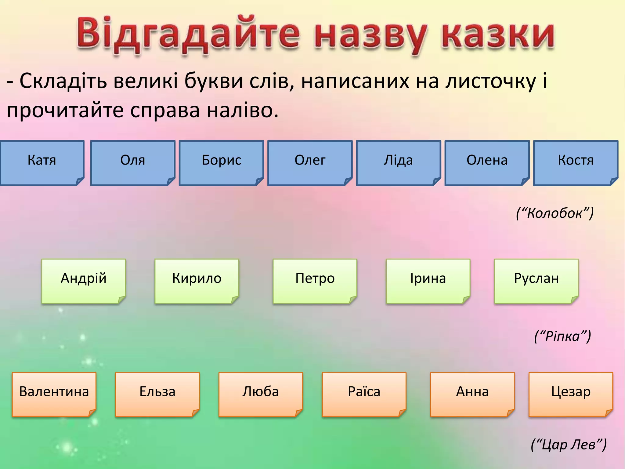 - Складіть великі букви слів, написаних на листочку і
прочитайте справа наліво.
ОляКатя Борис Олег Ліда Олена Костя
Андрій Кирило Петро Ірина Руслан
Валентина Ельза Люба Раїса Анна Цезар
(“Колобок”)
(“Ріпка”)
(“Цар Лев”)
 