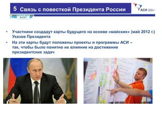 4
• Участники создадут карты будущего на основе «майских» (май 2012 г.)
Указов Президента
• На эти карты будут положены проекты и программы АСИ –
так, чтобы было понятно их влияние на достижение
президентских задач
Связь с повесткой Президента России5
 