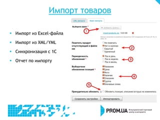 Импорт товаров
 Импорт из Excel-файла
 Импорт из XML/YML
 Синхронизация с 1С
 Отчет по импорту
 
