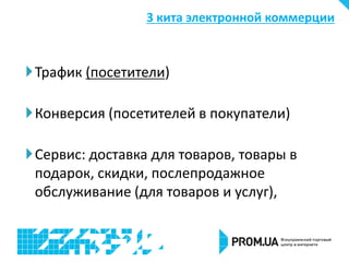 Трафик (посетители)
Конверсия (посетителей в покупатели)
Сервис: доставка для товаров, товары в
подарок, скидки, послепродажное
обслуживание (для товаров и услуг),
3 кита электронной коммерции
 