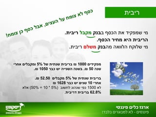 ‫הכסף‬ ‫את‬ ‫שמפקיד‬ ‫מי‬‫ב‬‫בנק‬‫מקבל‬.‫ריבית‬
.‫הכסף‬ ‫מחיר‬ ‫היא‬ ‫הריבית‬
‫הלוואה‬ ‫שלוקח‬ ‫מי‬‫מה‬‫בנק‬‫משלם‬‫ריבית‬.
‫מפקידים‬1000‫של‬ ‫שנתית‬ ‫בריבית‬ ₪5%‫אחרי‬ ‫ומקבלים‬
‫שנה‬50‫כבר‬ ‫יש‬ ‫השנייה‬ ‫בשנה‬ .₪1050.₪
‫של‬ ‫שנתית‬ ‫בריבית‬5%‫מקבלים‬52.50.₪
‫אחרי‬10‫כבר‬ ‫יש‬ ‫שנים‬1628₪
‫לא‬1500) ‫לחשוב‬ ‫שנהוג‬ ‫כפי‬5%*10=50%‫אלא‬ (
62.8%‫דריבית‬ ‫בריבית‬.
!‫ח‬‫מ‬‫ו‬‫צ‬ ‫ן‬‫כ‬ ‫ף‬‫ס‬‫כ‬ ‫ל‬‫ב‬‫א‬ ,‫ם‬‫י‬‫צ‬‫ע‬‫ה‬ ‫ל‬‫ע‬ ‫ח‬‫מ‬‫ו‬‫צ‬ ‫א‬‫ל‬ ‫ף‬‫ס‬‫כ‬ ‫ריבית‬
 